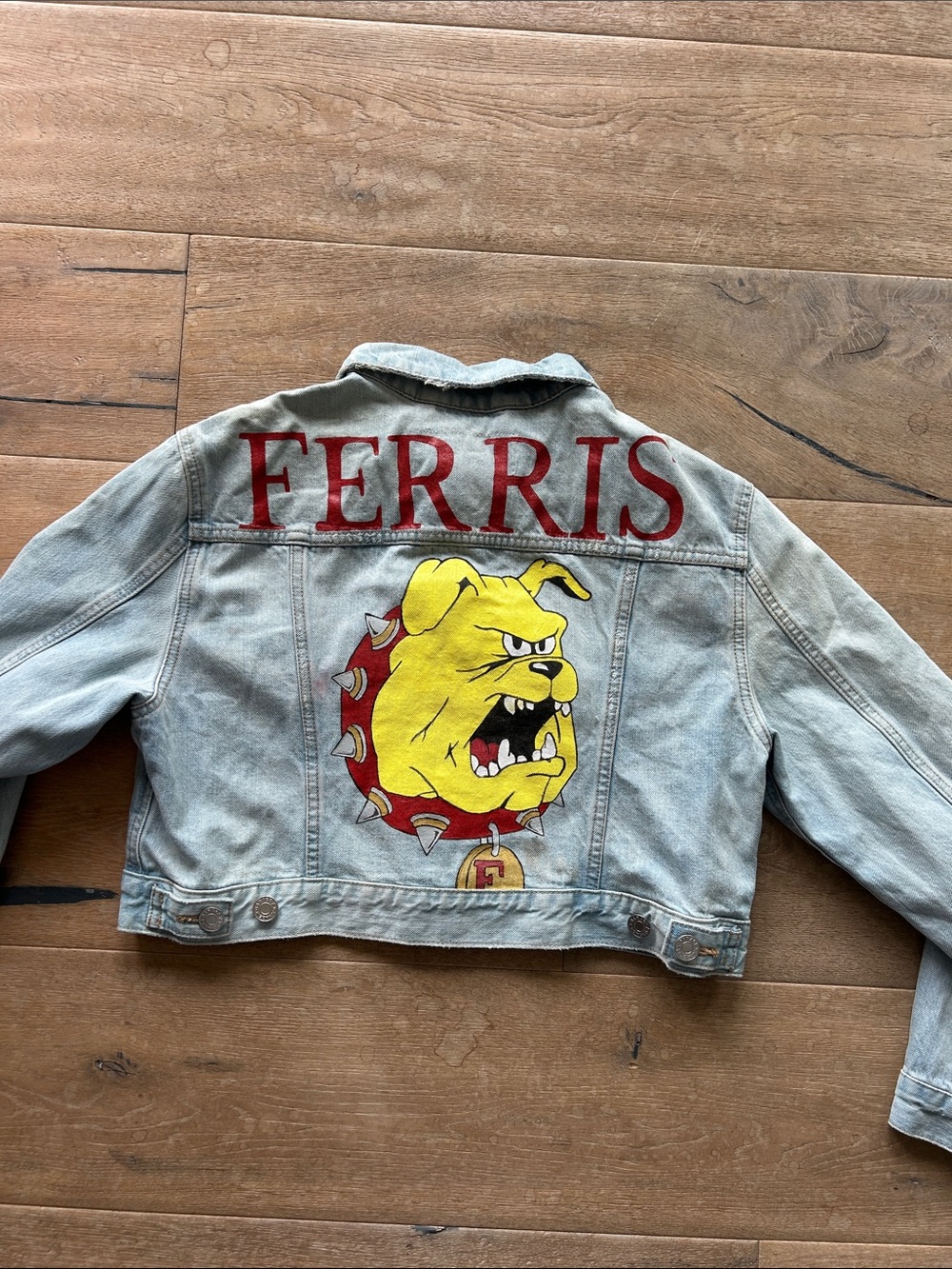 Custom Garage Denim Jacket with Red 'FERRIS' and Yellow Bulldog Graphic